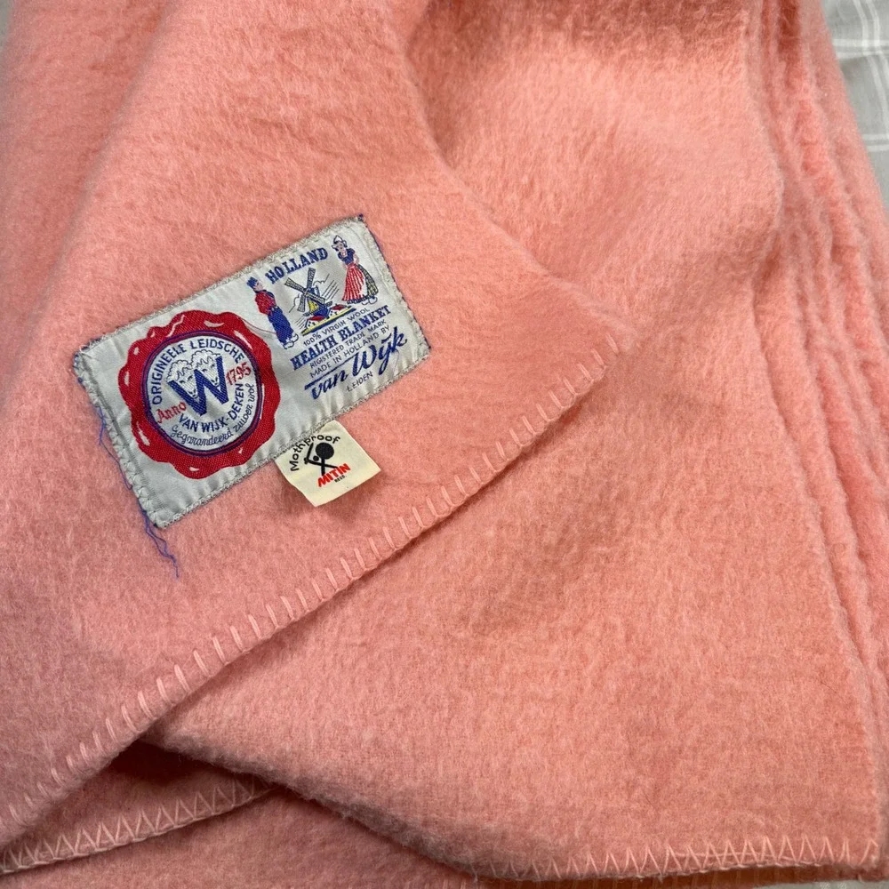 Vtg Van Wijk Deken 100% Virgin Wool Health Blanket Peach Pink Made in Holland